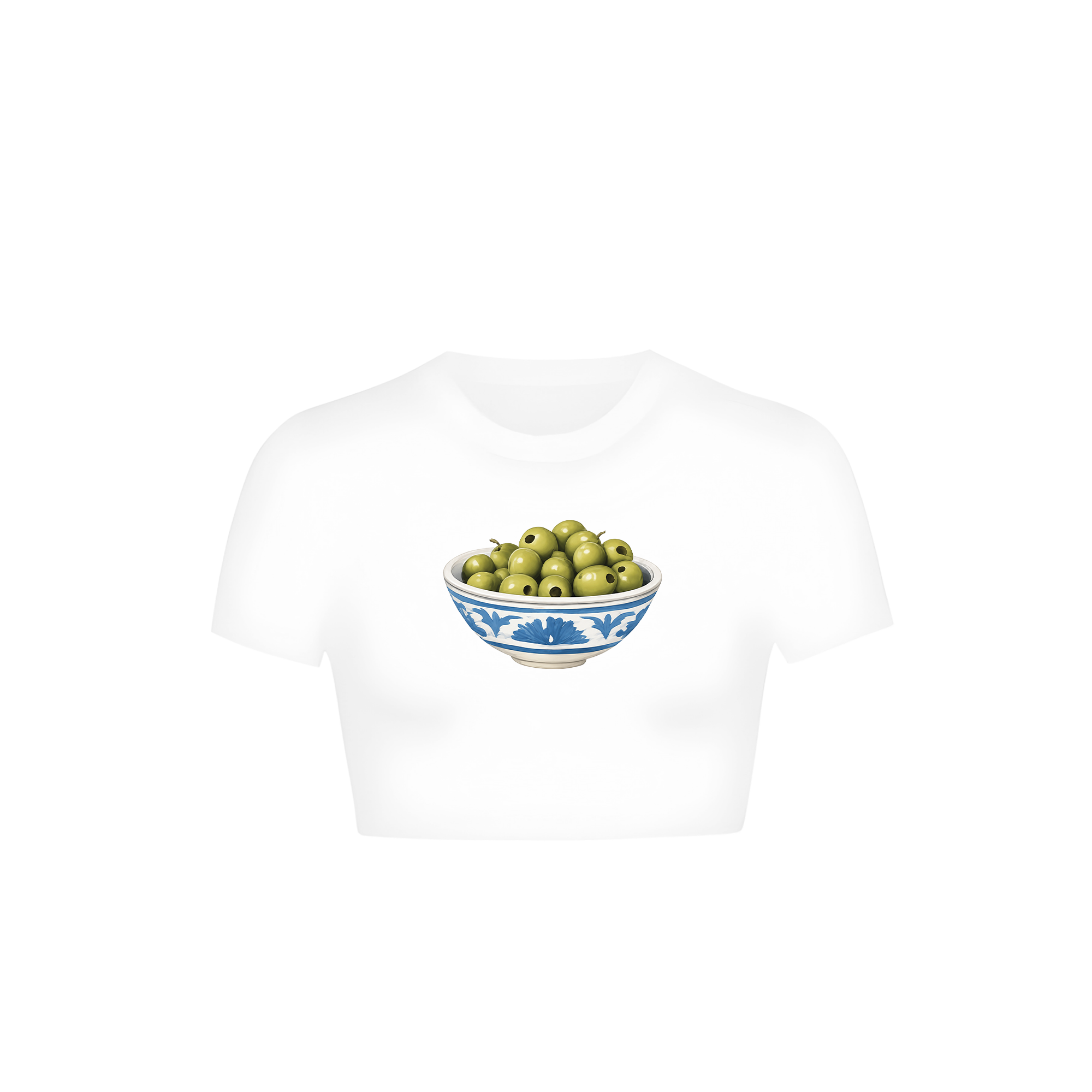 White cropped baby tee with green olives in porcelain bowl print