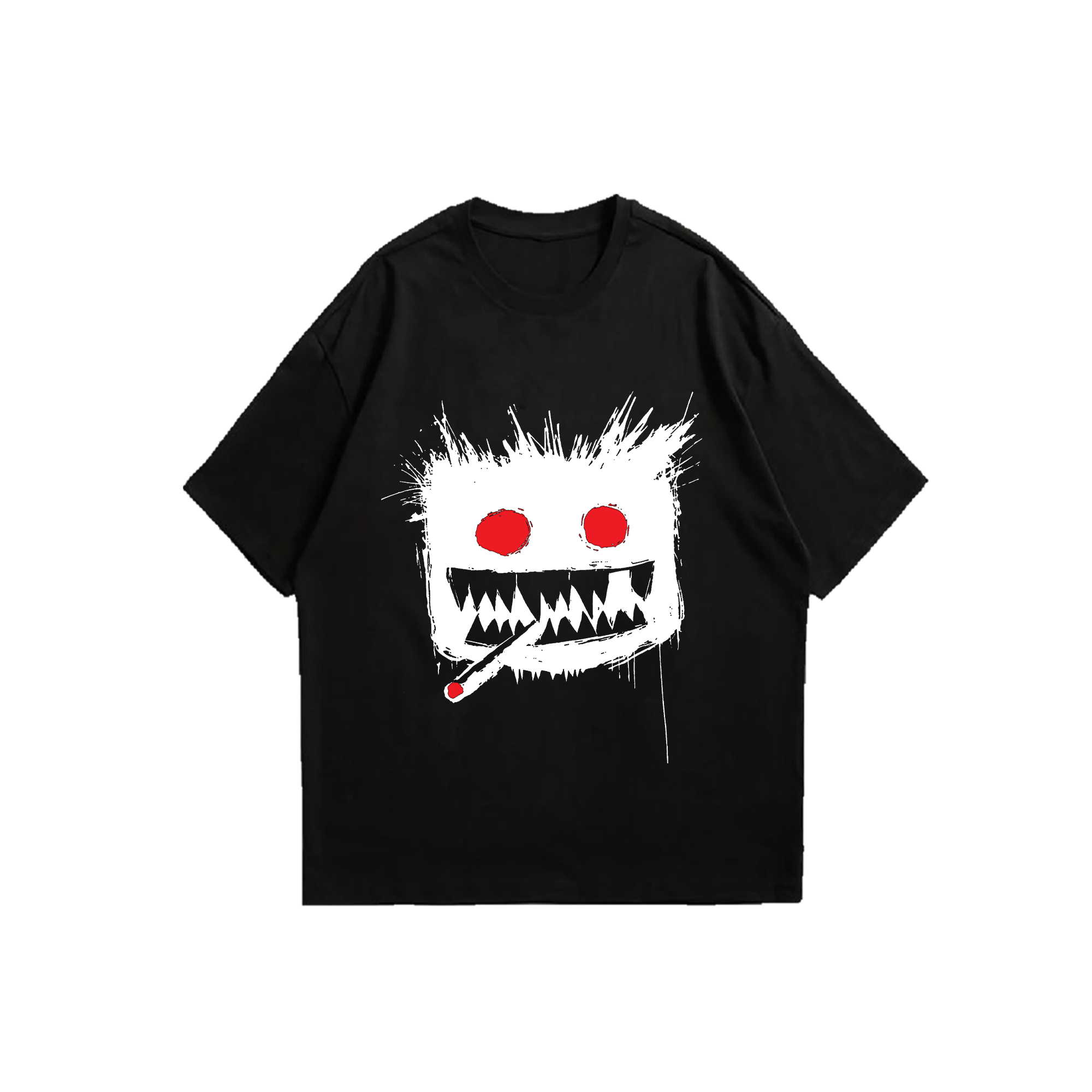 Black oversized tee with white brushstroke monster face and red eyes