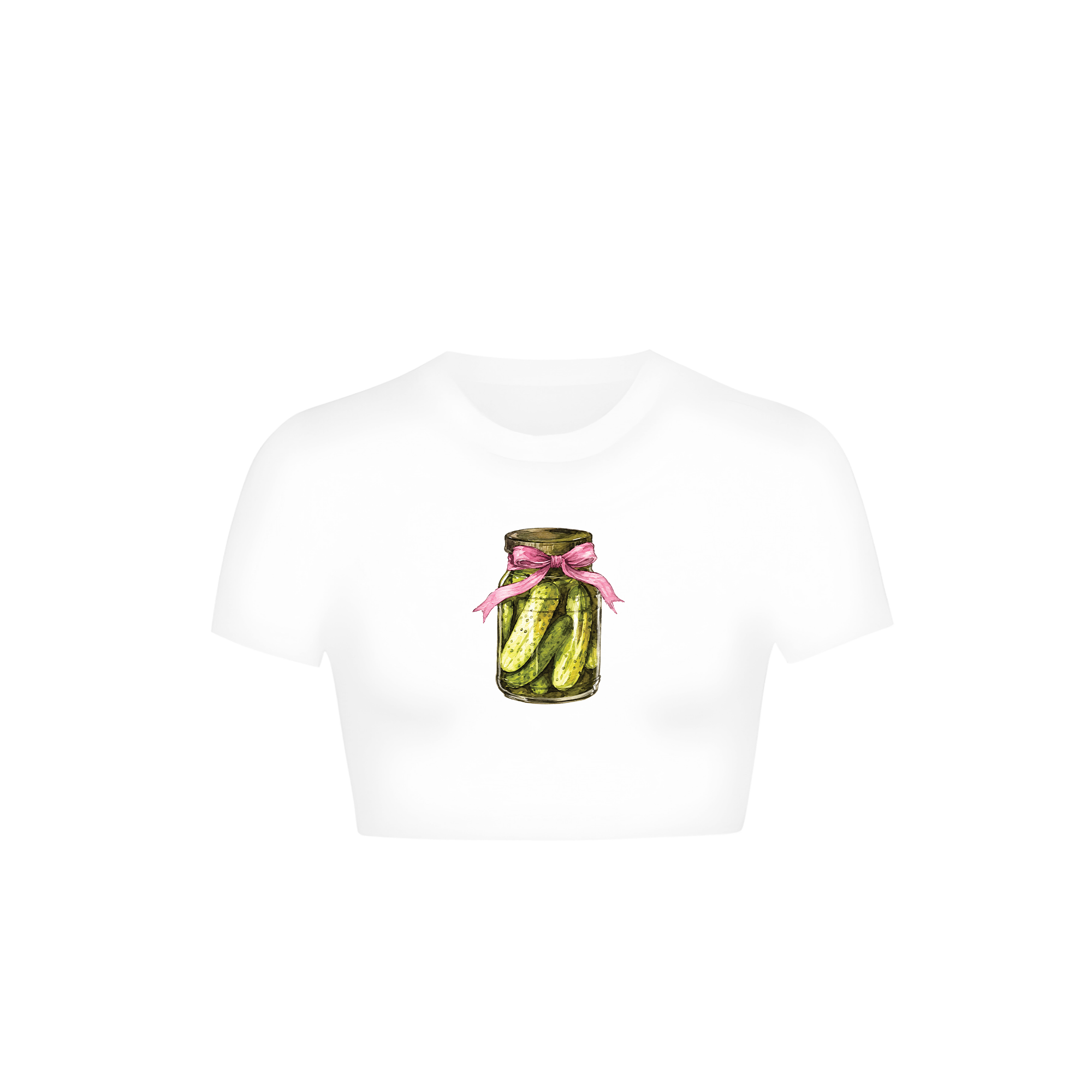 White cropped baby tee with pickle jar and pink bow print