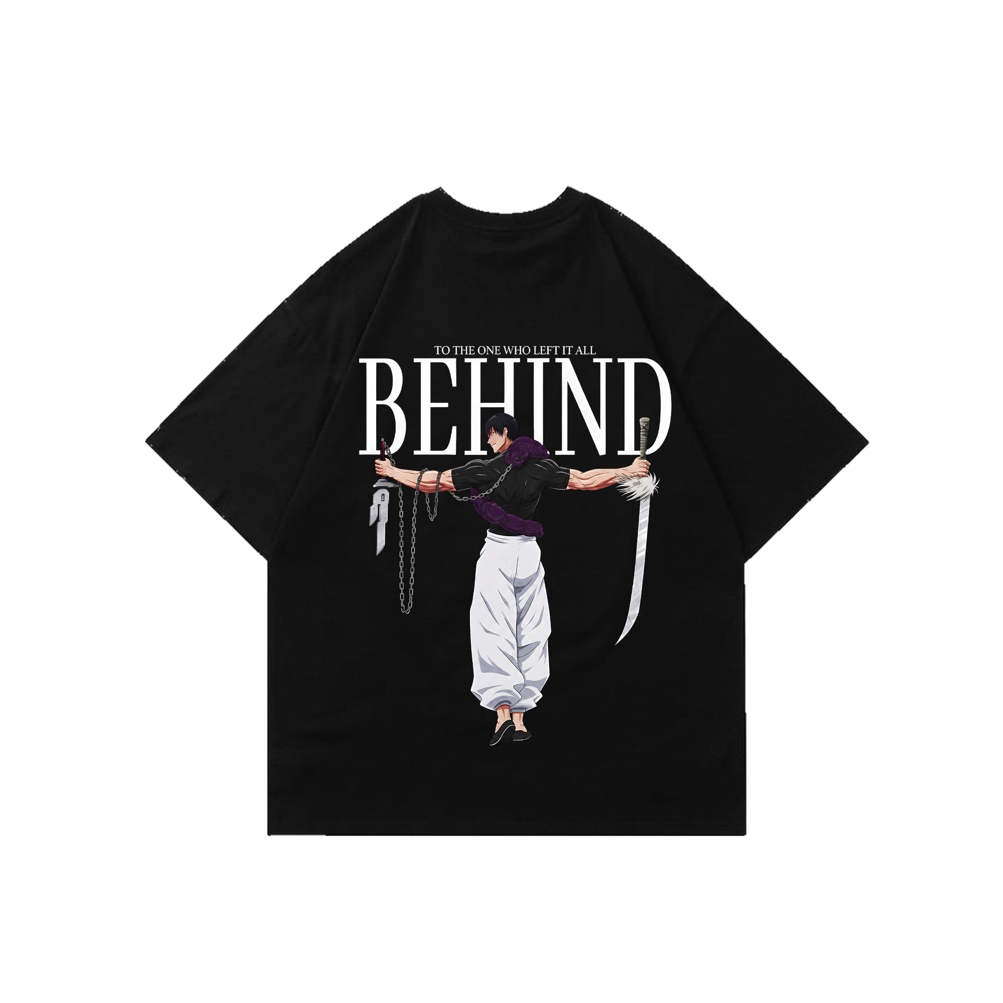 Black oversized tee with large back print of a figure holding a chain and sword