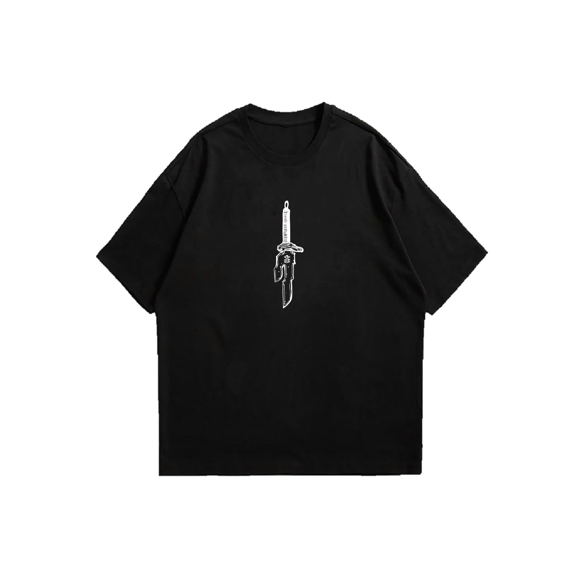 Black oversized tee with small white dagger line art print