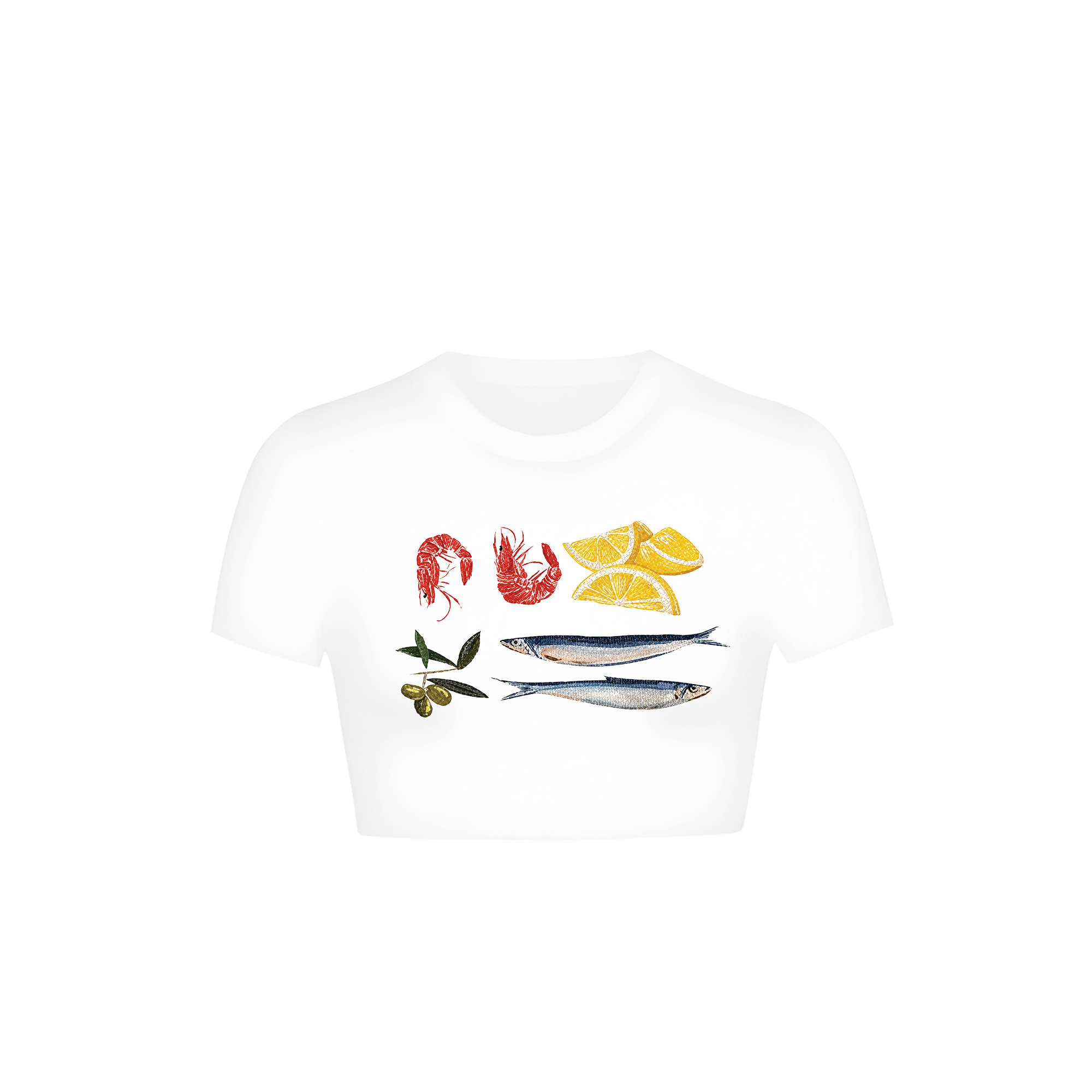 White cropped baby tee with watercolour seafood print