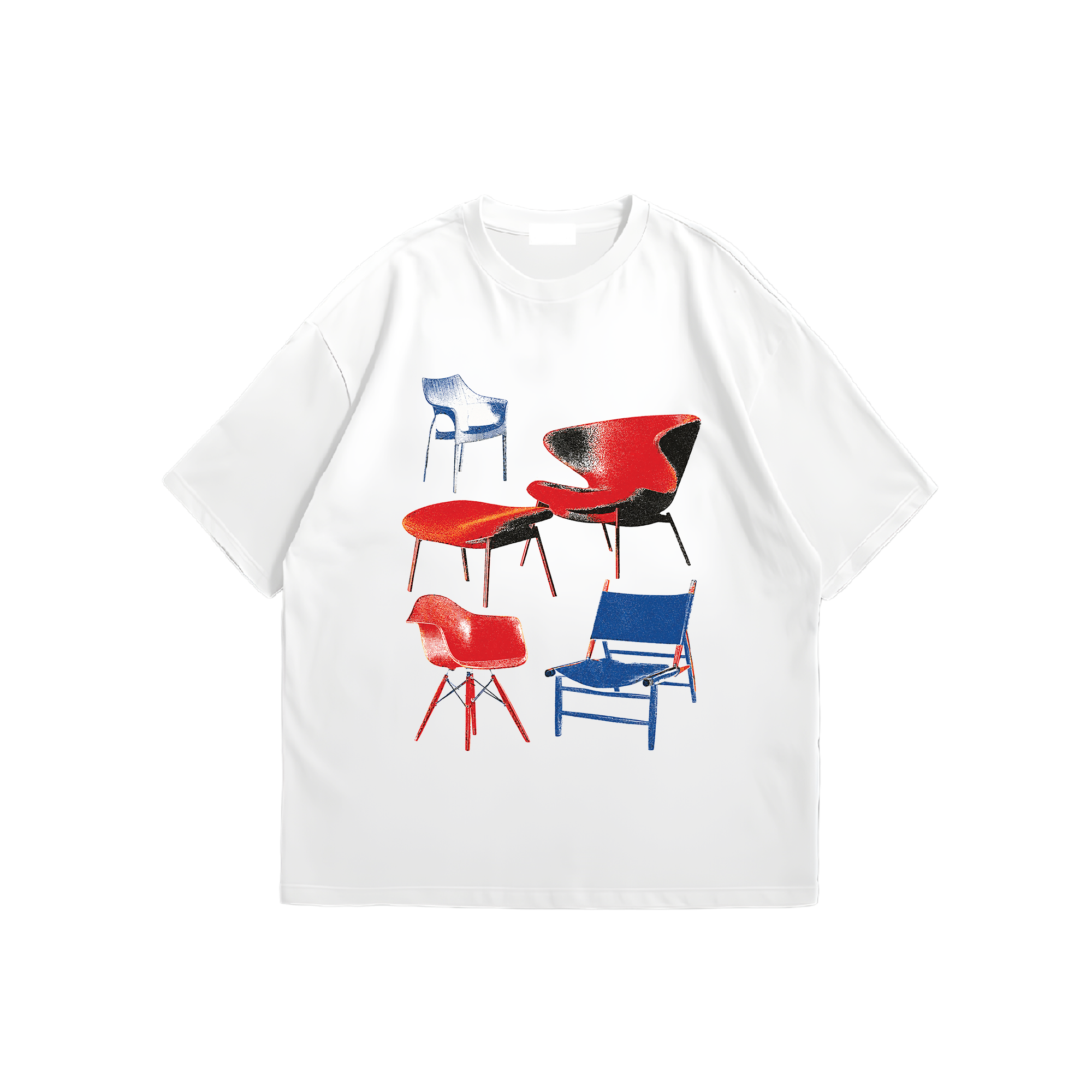 White oversized tee with risograph style mid-century chair print