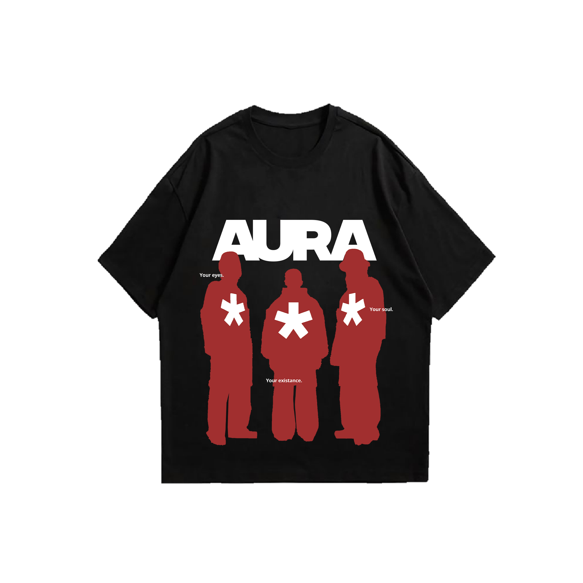 Black oversized tee with AURA text and three maroon figure silhouettes