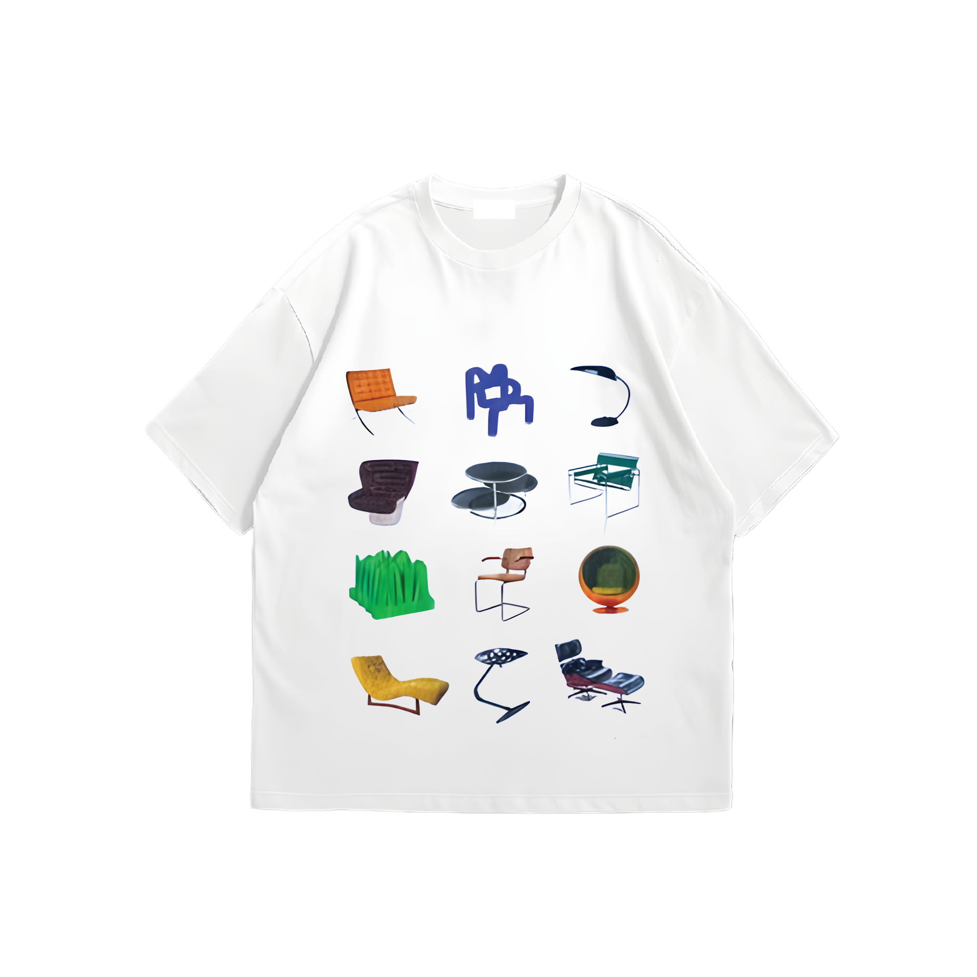White oversized tee with a twelve-piece grid of furniture and lamp cutouts
