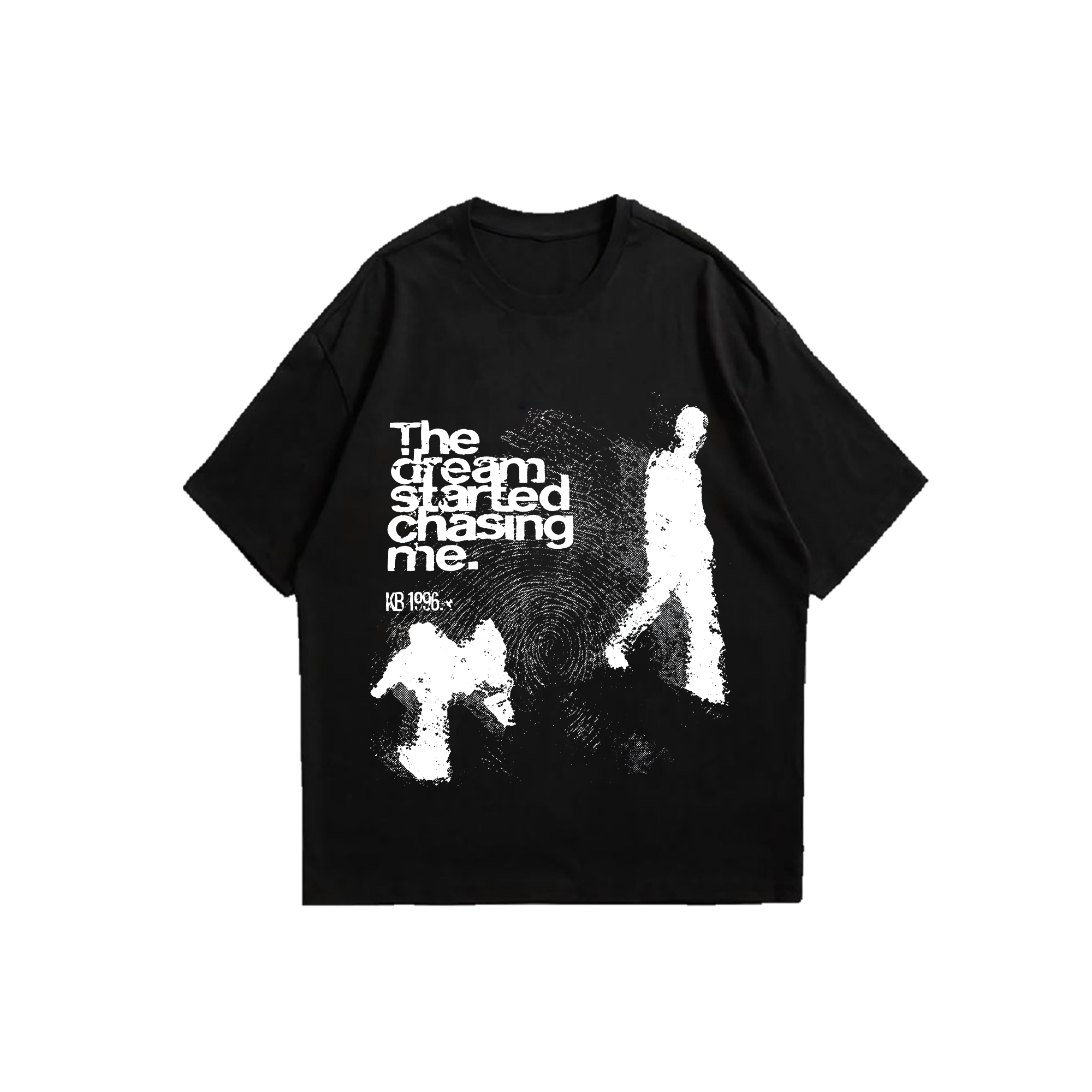 Black oversized tee with halftone fingerprint and two white figure silhouettes