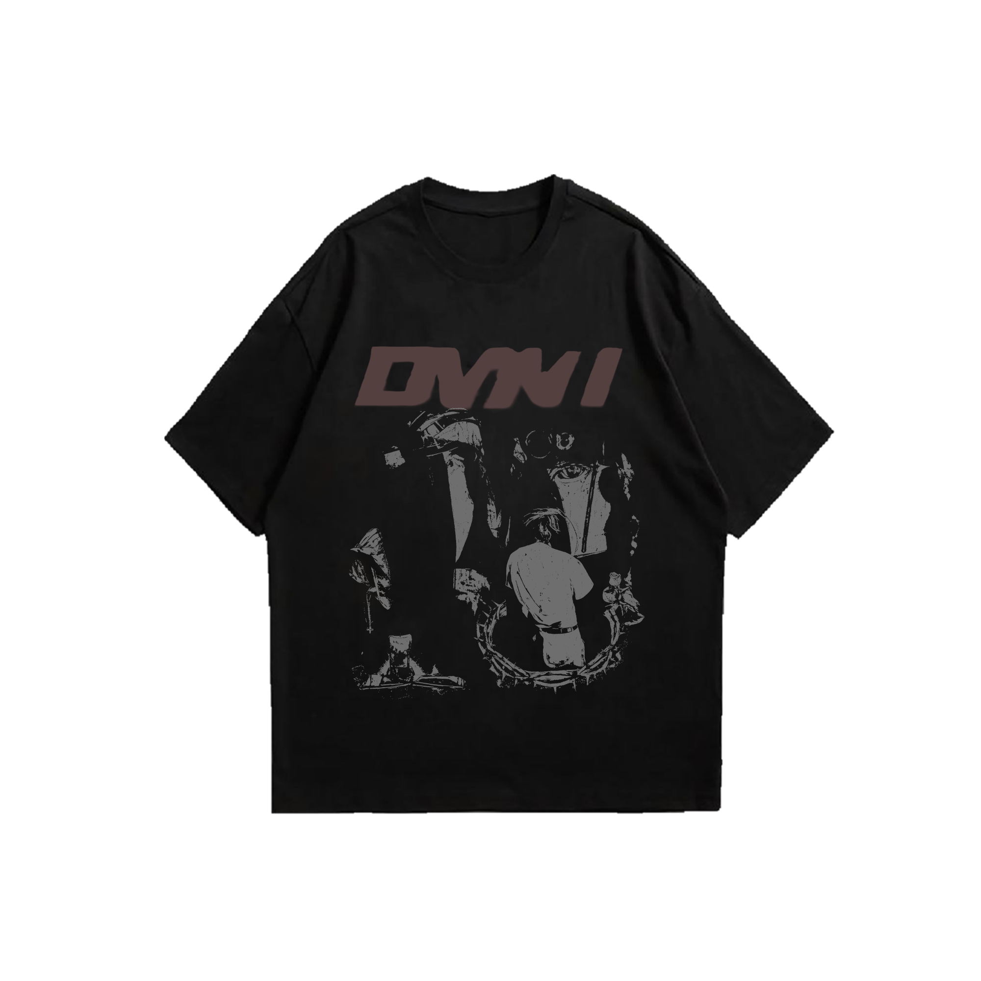 Black oversized tee with greyscale collage print featuring a kneeling figure and crown of thorns