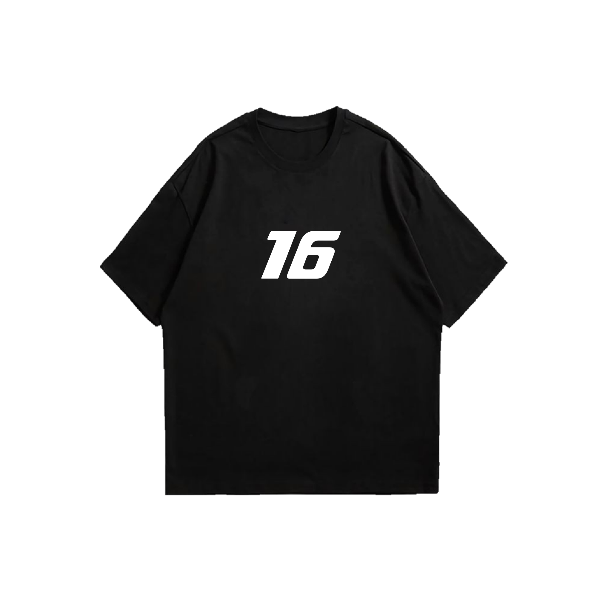 Black oversized tee with large white italic number 16 print