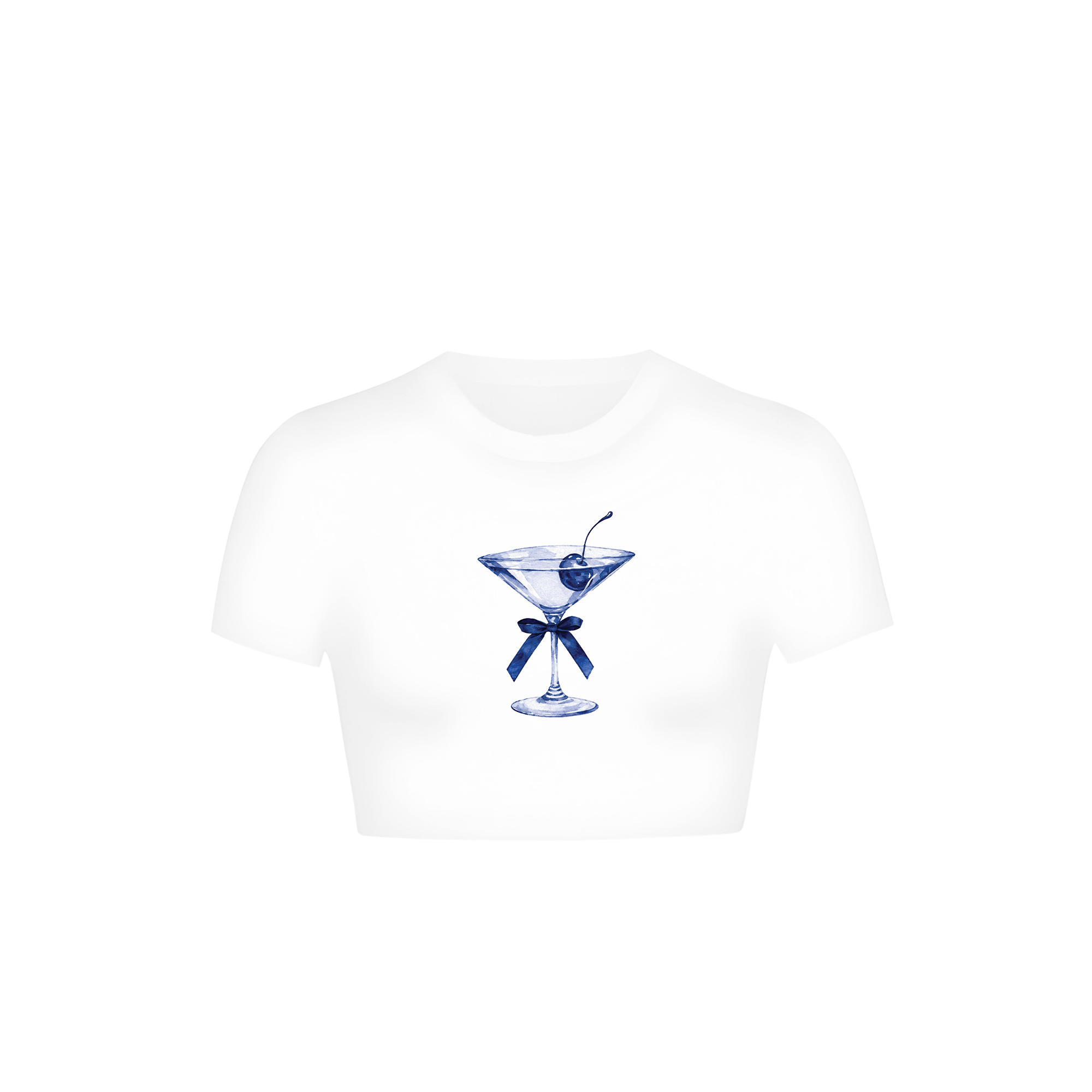 White cropped baby tee with navy watercolour martini glass print