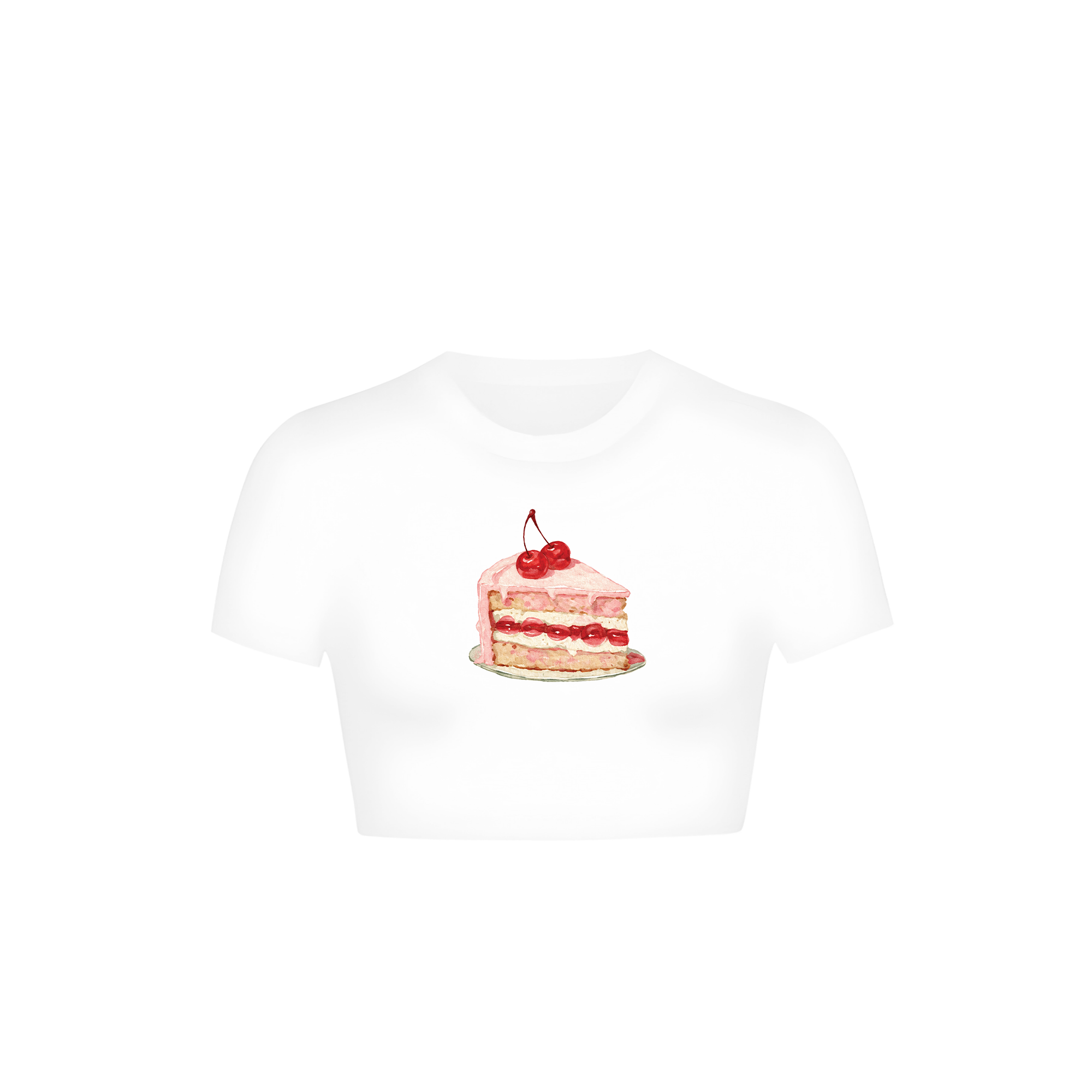 White cropped baby tee with watercolour cherry layer cake print