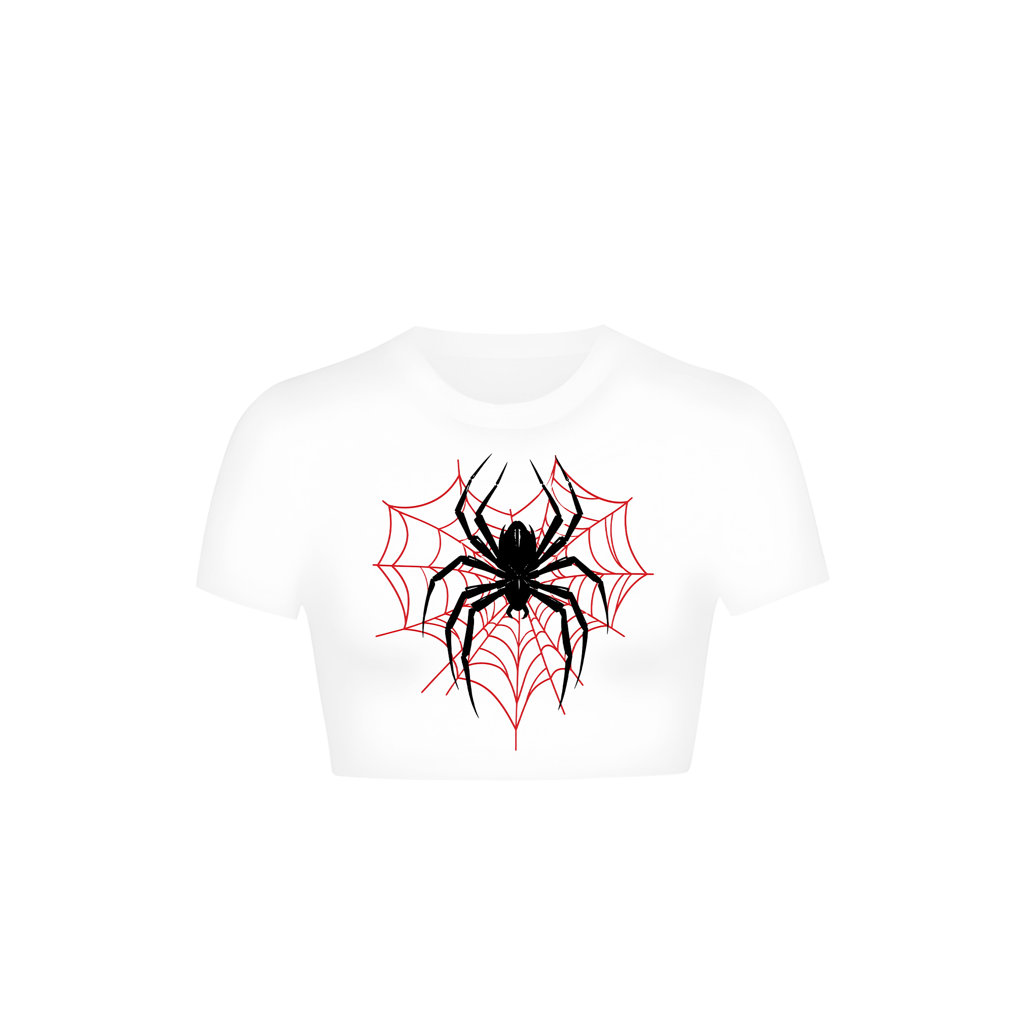 White cropped baby tee with black spider on red web print